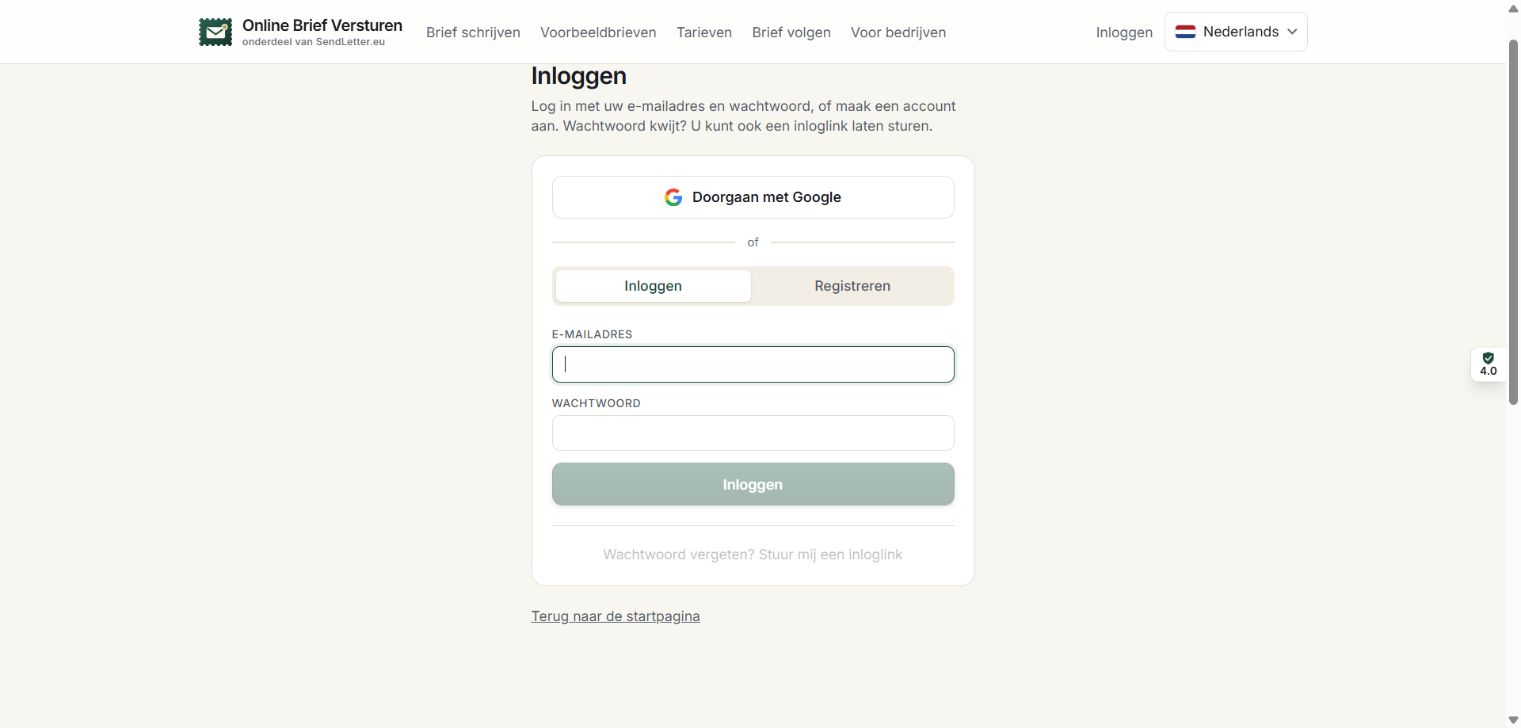 Het live SendLetter-inlogscherm op de MCP-host biedt Google en e-mail met wachtwoord. Dit screenshot toont de Nederlandse interface.